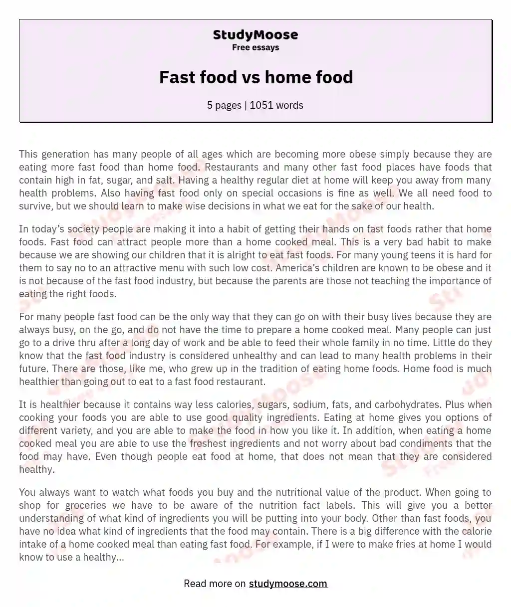 Fast food vs home food essay