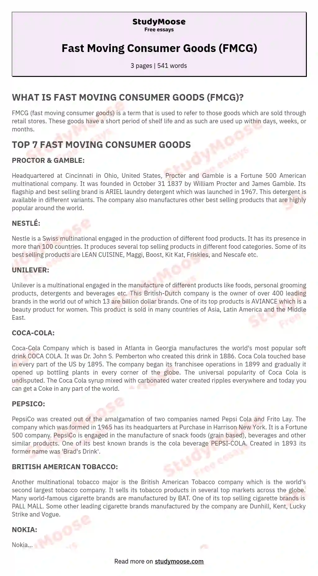 Fast Moving Consumer Goods (FMCG) essay
