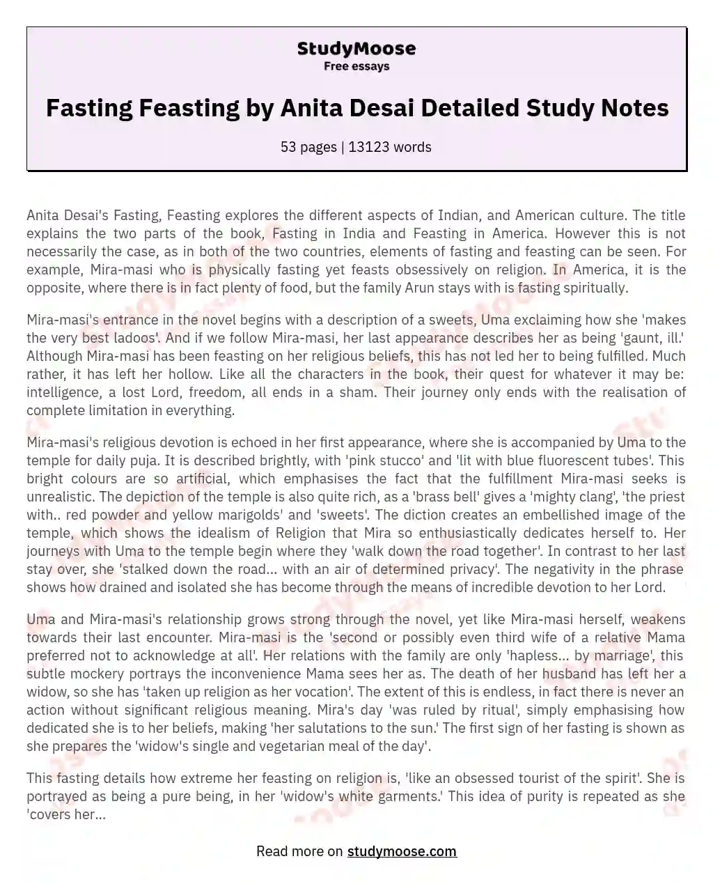Fasting Feasting by Anita Desai Detailed Study Notes essay