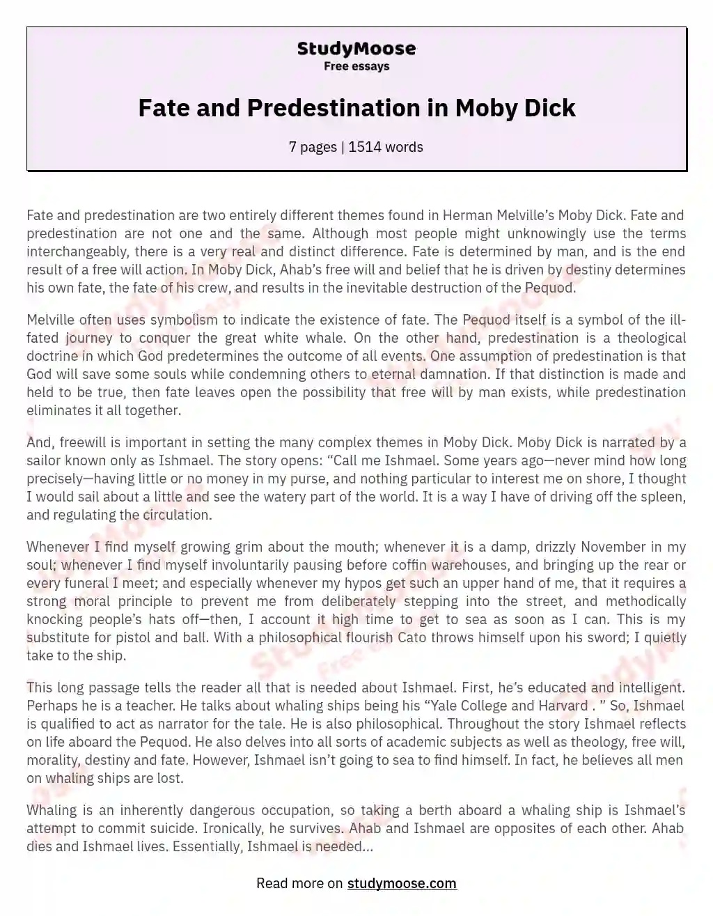 Fate and Predestination in Moby Dick essay