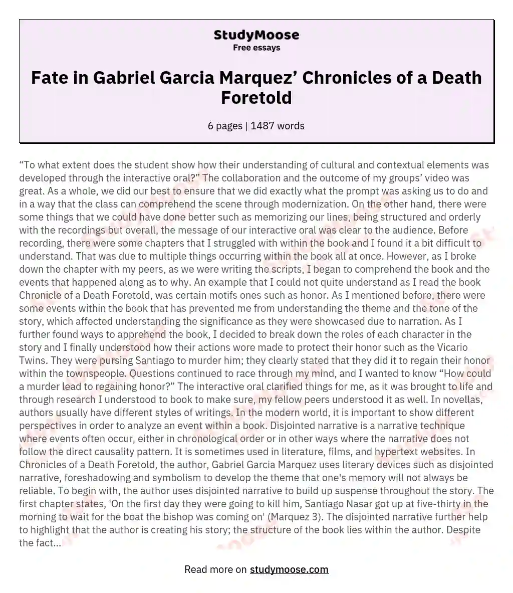 Fate in Gabriel Garcia Marquez’ Chronicles of a Death Foretold essay
