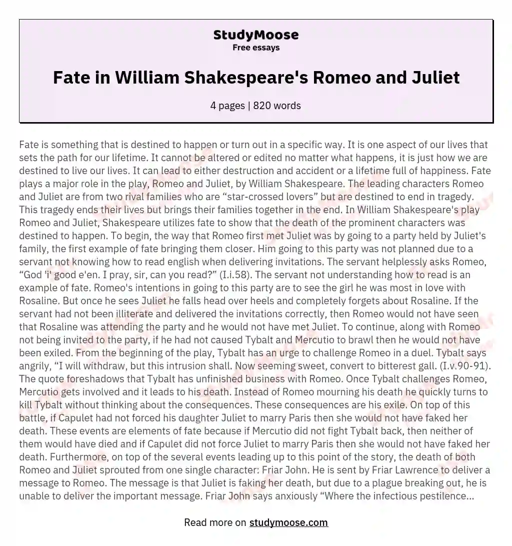 Fate in William Shakespeare's Romeo and Juliet essay