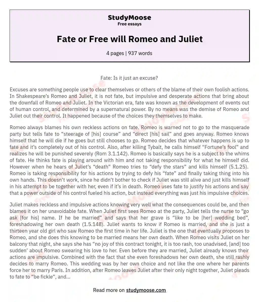 Fate or Free will Romeo and Juliet essay