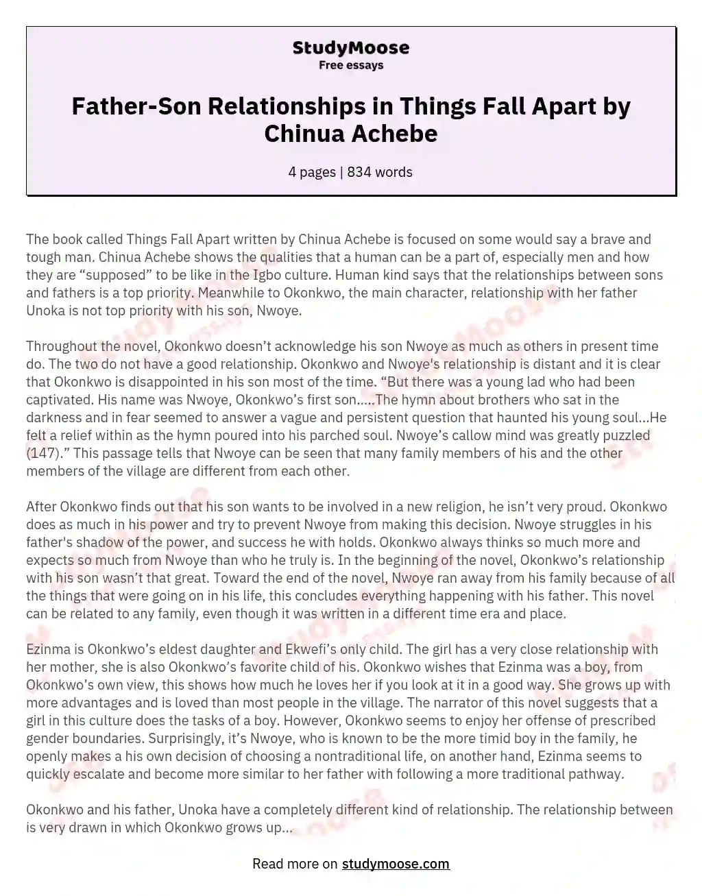 Father-Son Relationships in Things Fall Apart by Chinua Achebe essay