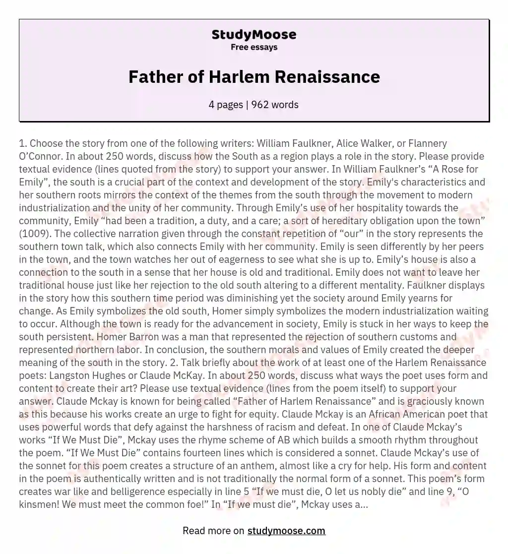 Father of Harlem Renaissance essay