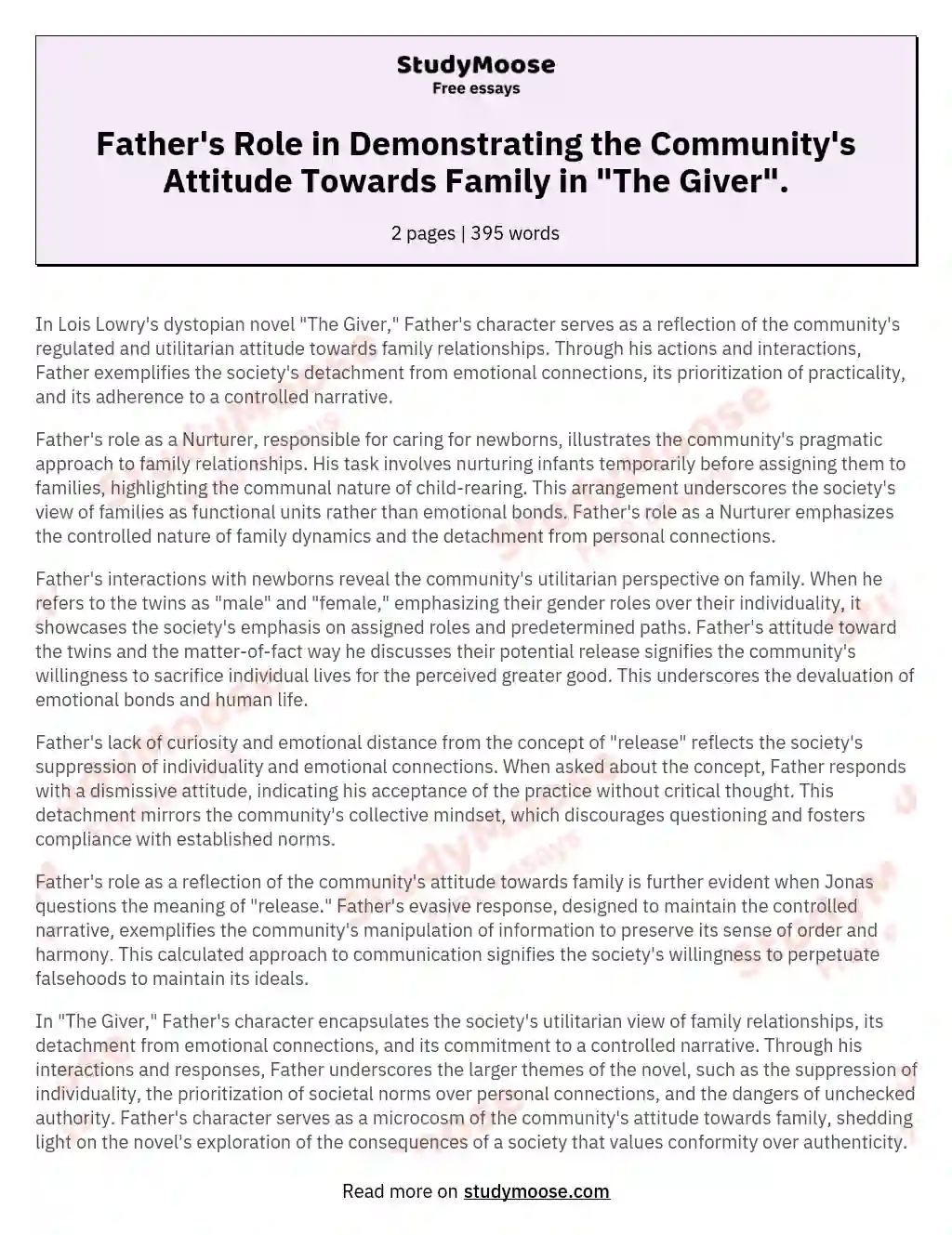 Father's Role in Demonstrating the Community's Attitude Towards Family in "The Giver". essay