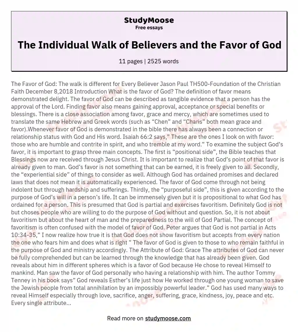 The Individual Walk of Believers and the Favor of God essay