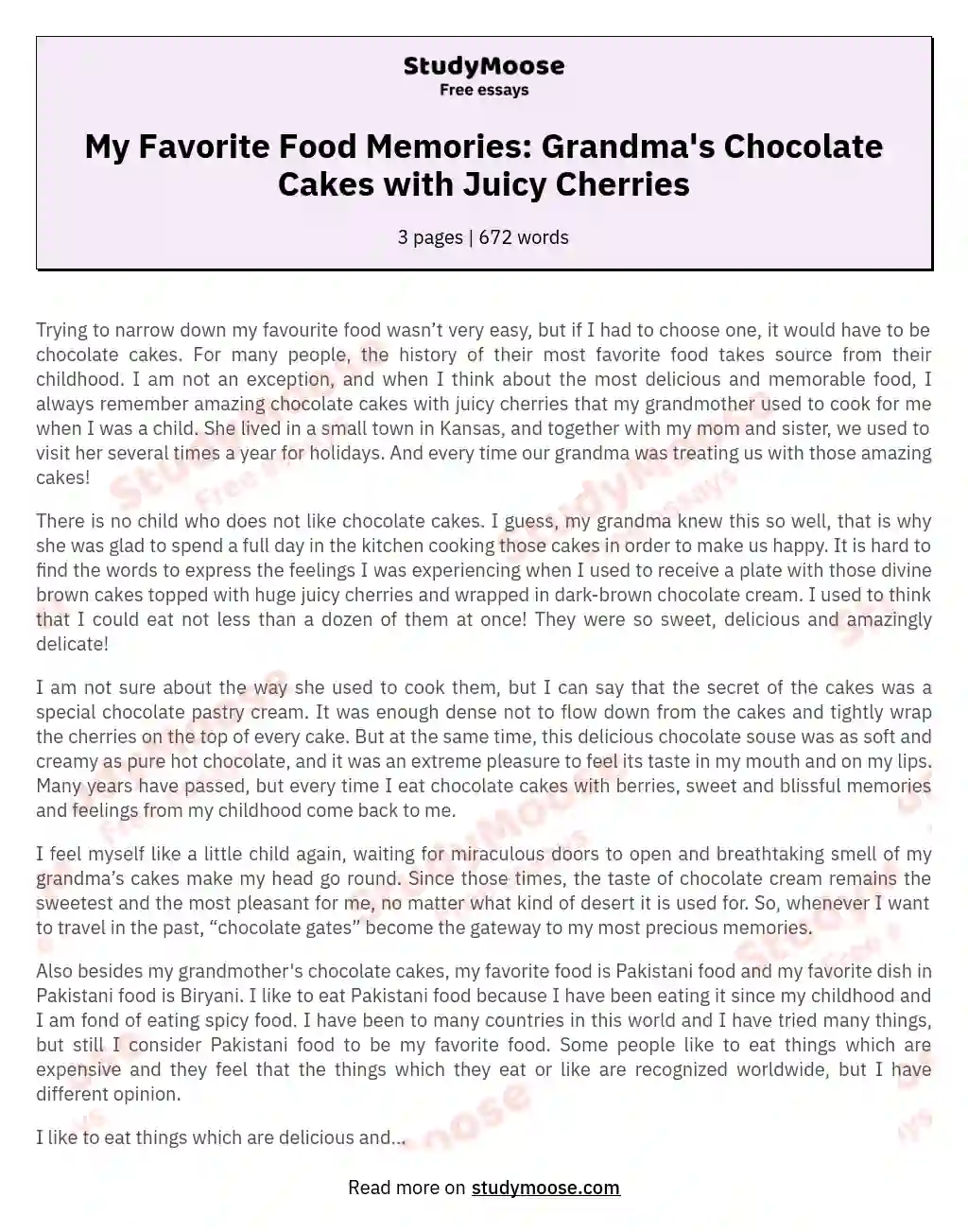 My Favorite Food Memories: Grandma's Chocolate Cakes with Juicy Cherries essay