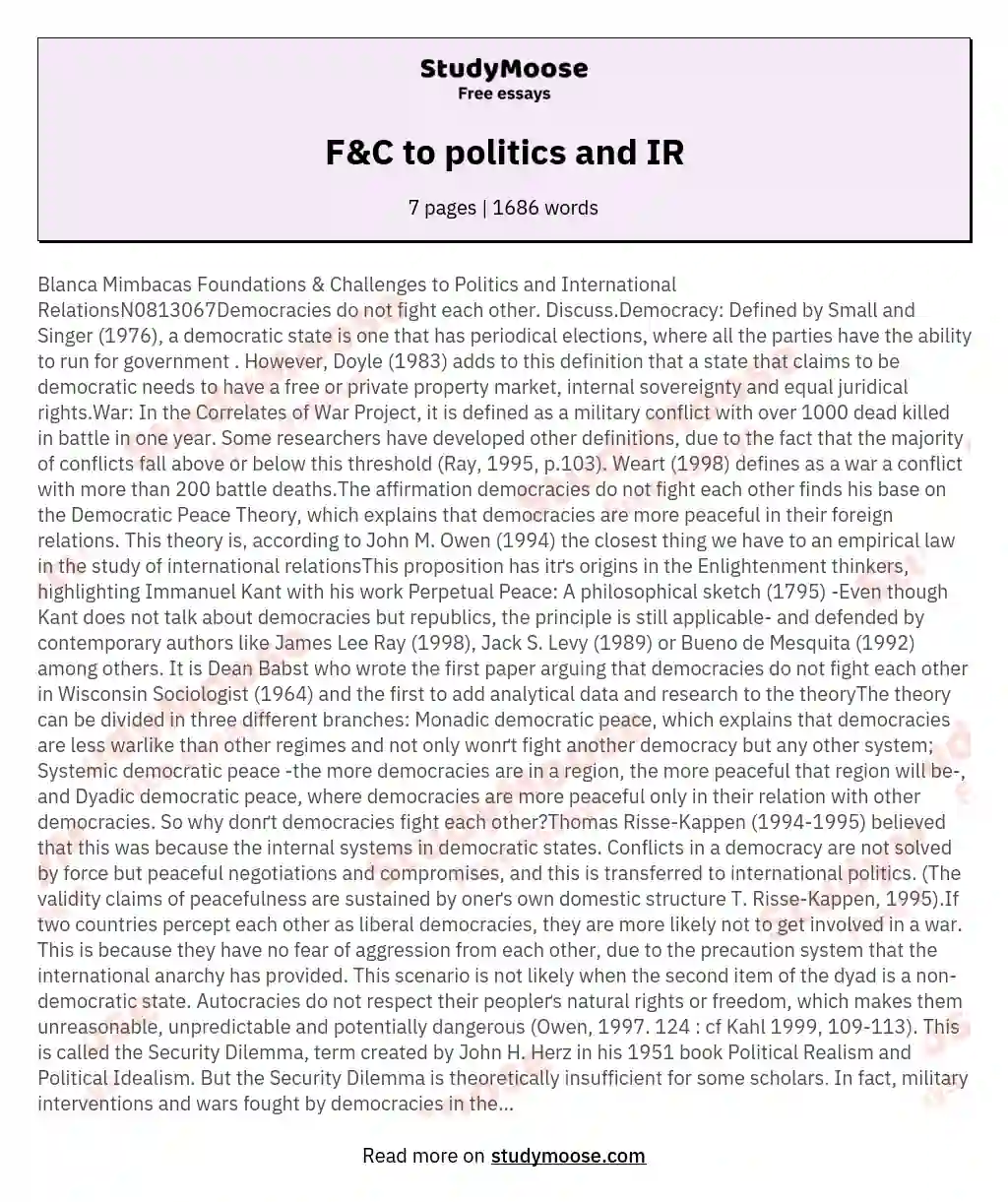 F&C to politics and IR essay
