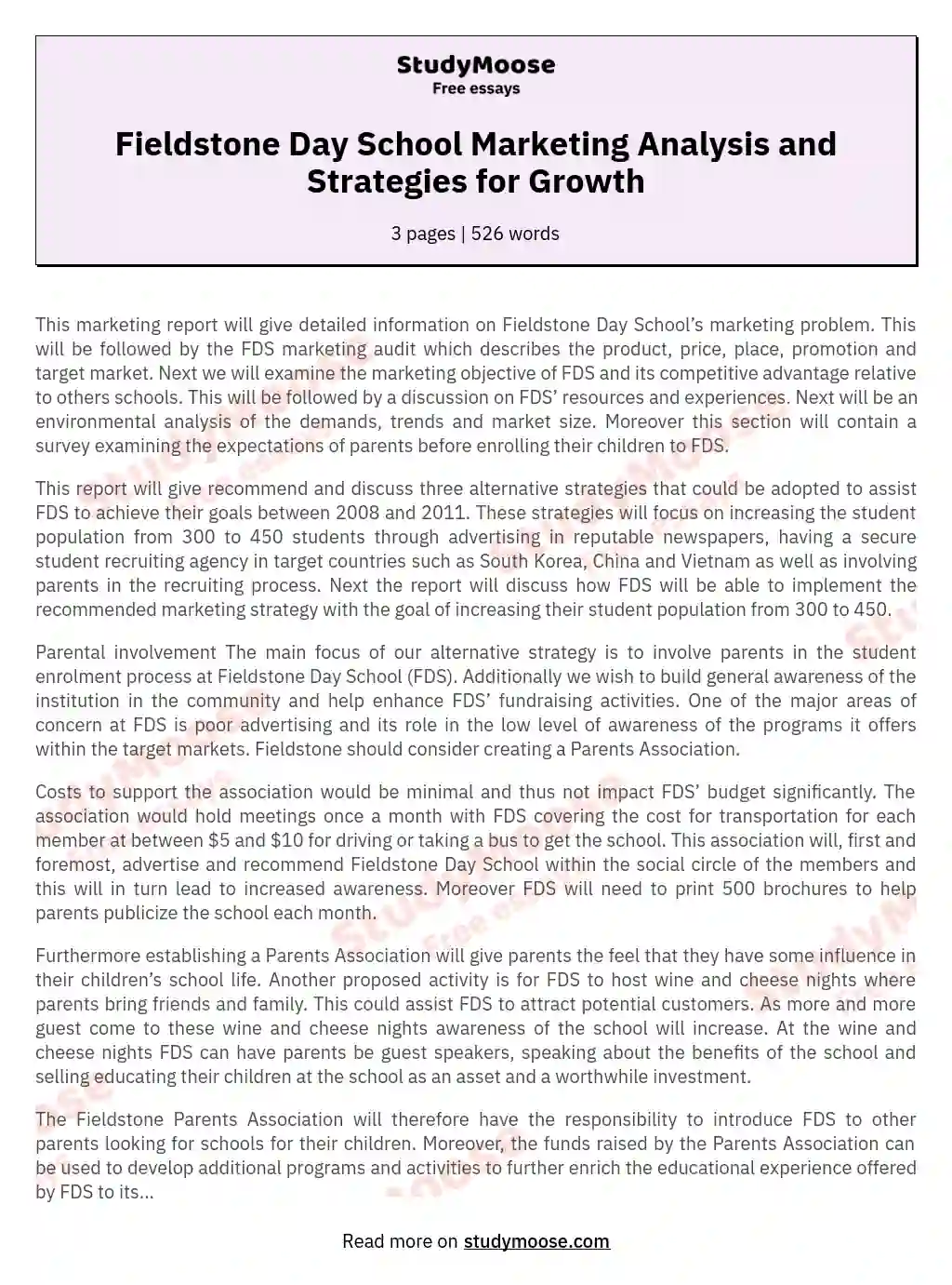 Fieldstone Day School Marketing Analysis and Strategies for Growth essay