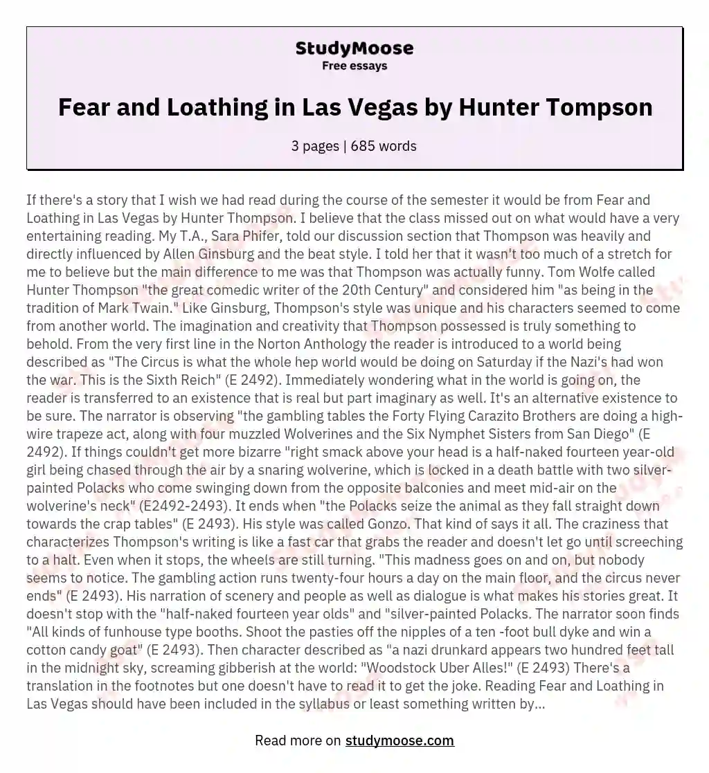 Fear and Loathing in Las Vegas by Hunter Tompson essay