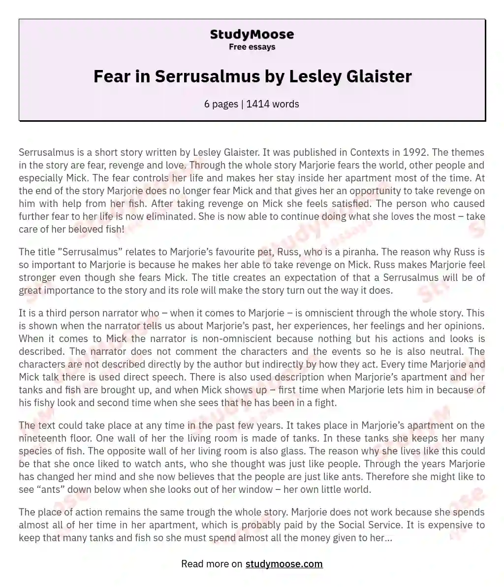 Fear in Serrusalmus by Lesley Glaister essay