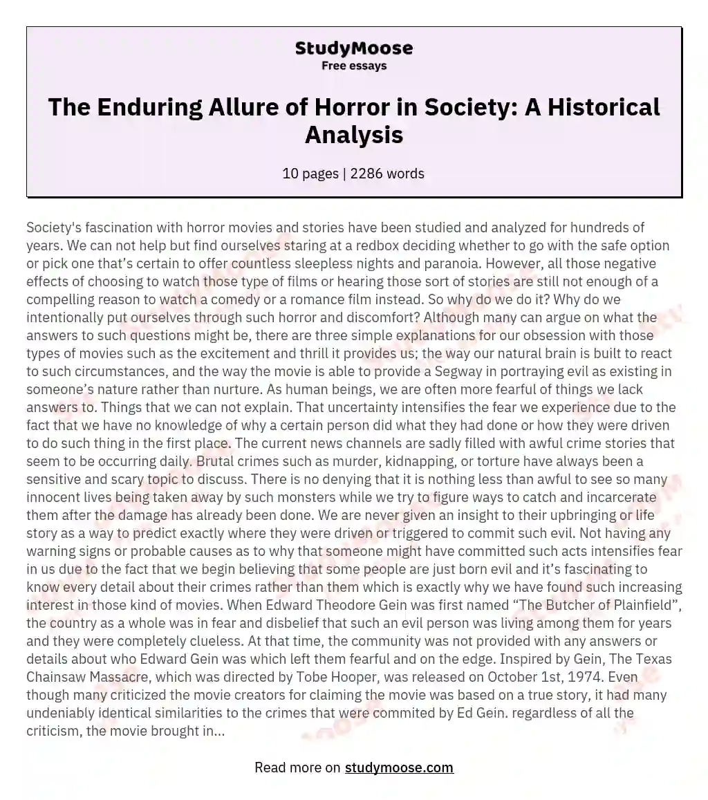 The Enduring Allure of Horror in Society: A Historical Analysis essay