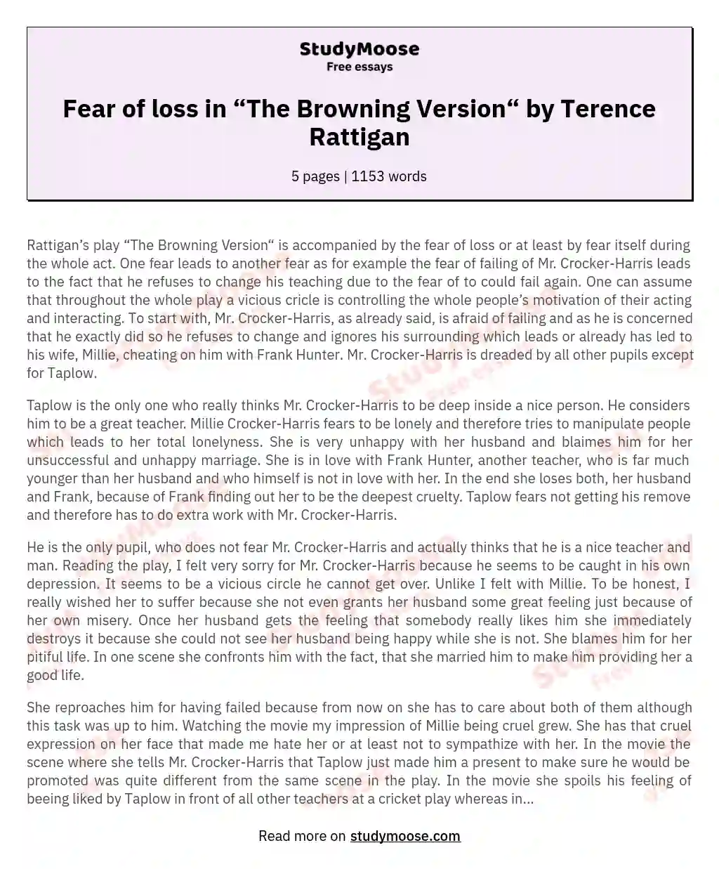 Fear of loss in “The Browning Version“ by Terence Rattigan essay