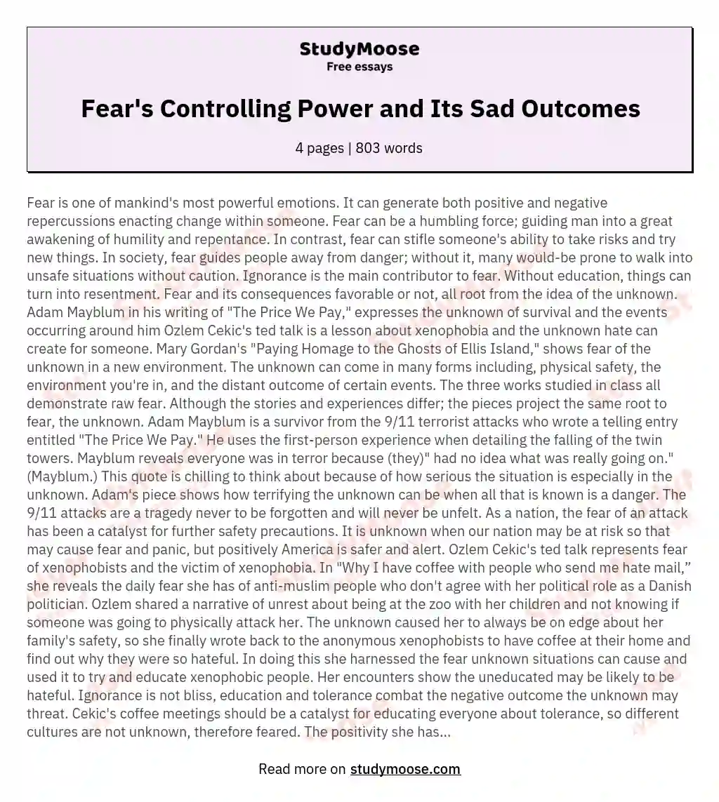 Fear's Controlling Power and Its Sad Outcomes essay