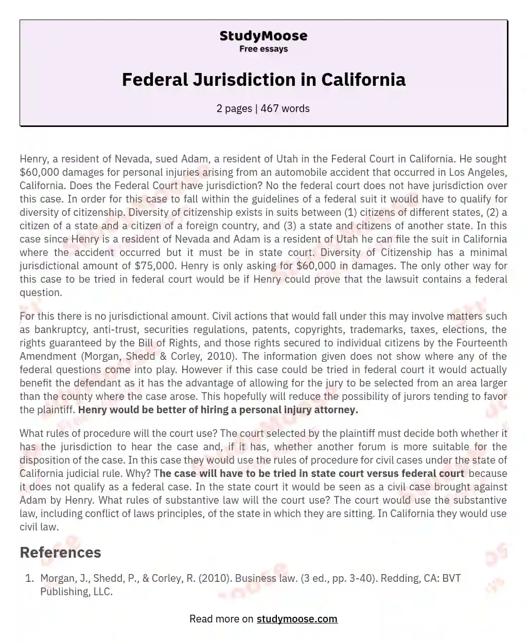 Federal Jurisdiction in California essay