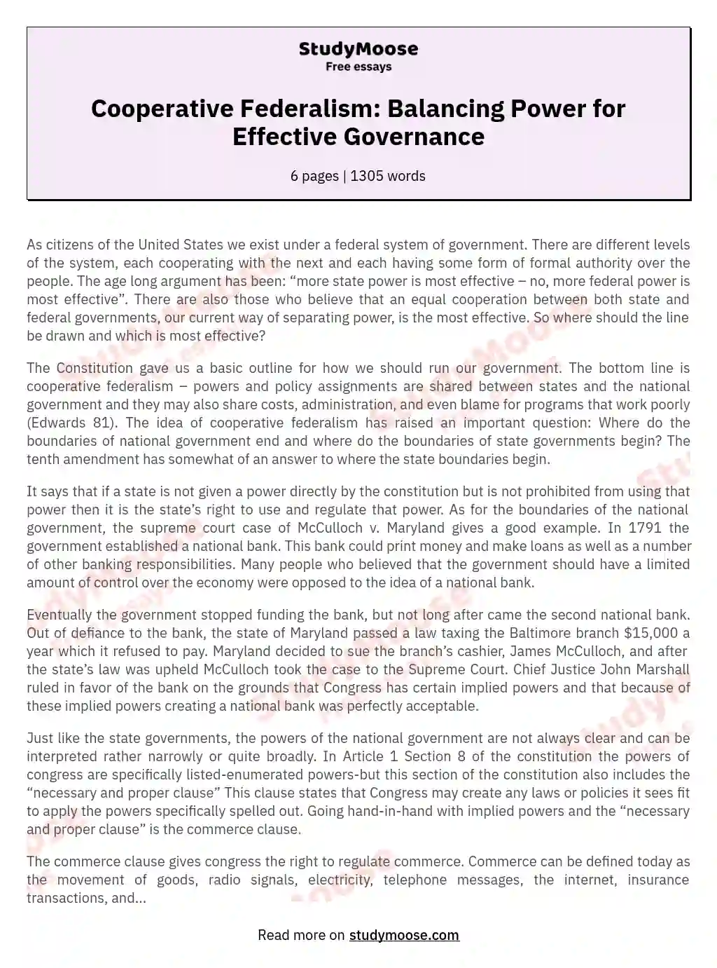 Cooperative Federalism: Balancing Power for Effective Governance essay