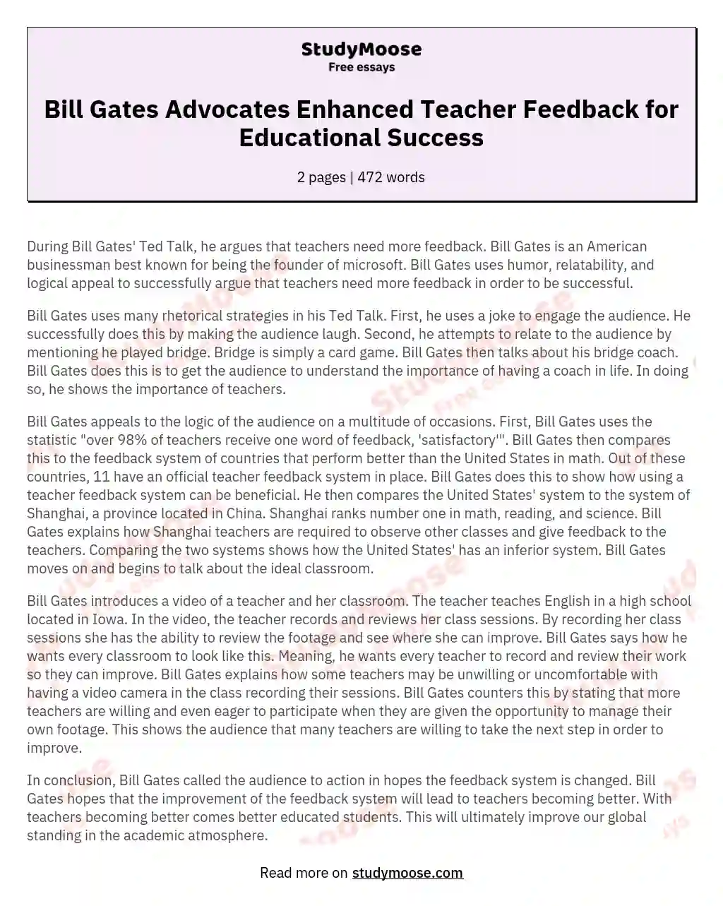 Bill Gates Advocates Enhanced Teacher Feedback for Educational Success essay