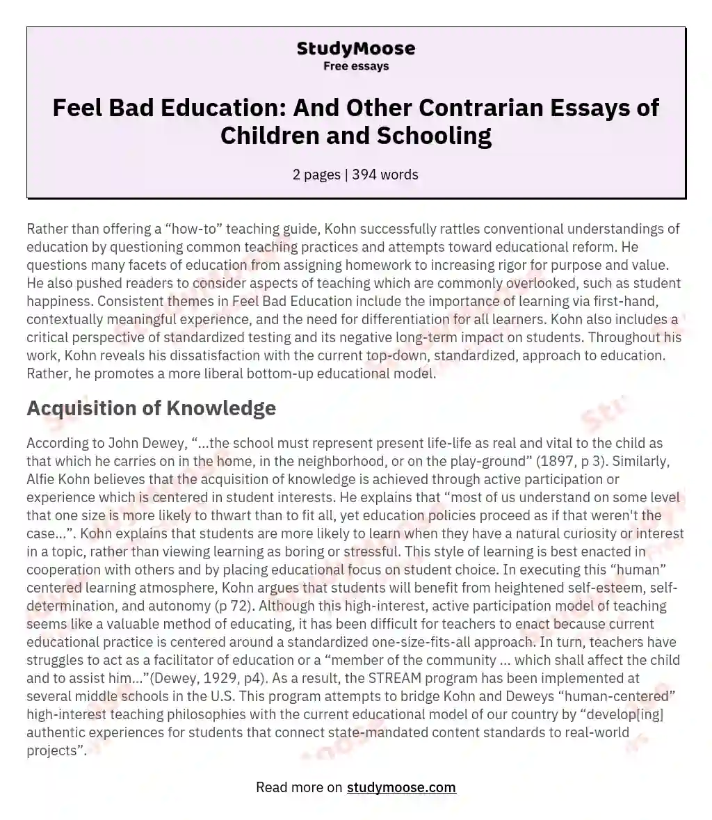 Feel Bad Education: And Other Contrarian Essays of Children and Schooling essay