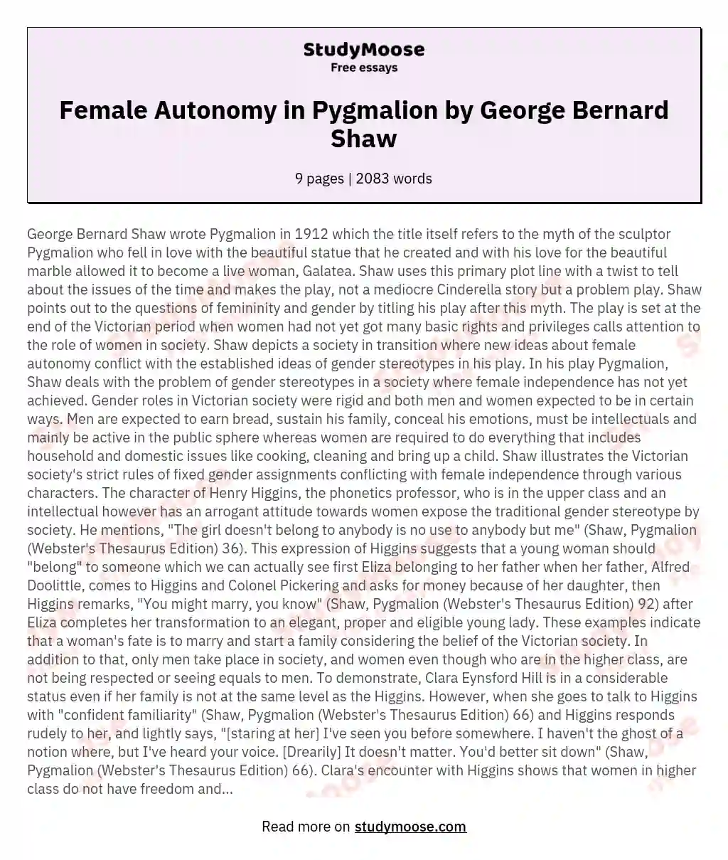 Female Autonomy in Pygmalion by George Bernard Shaw essay