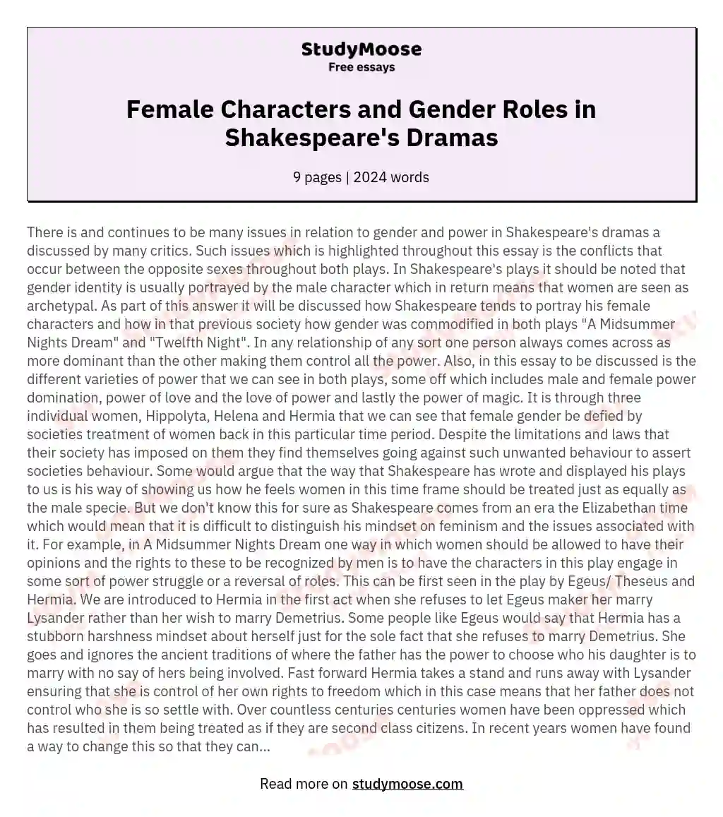 Female Characters and Gender Roles in Shakespeare's Dramas essay