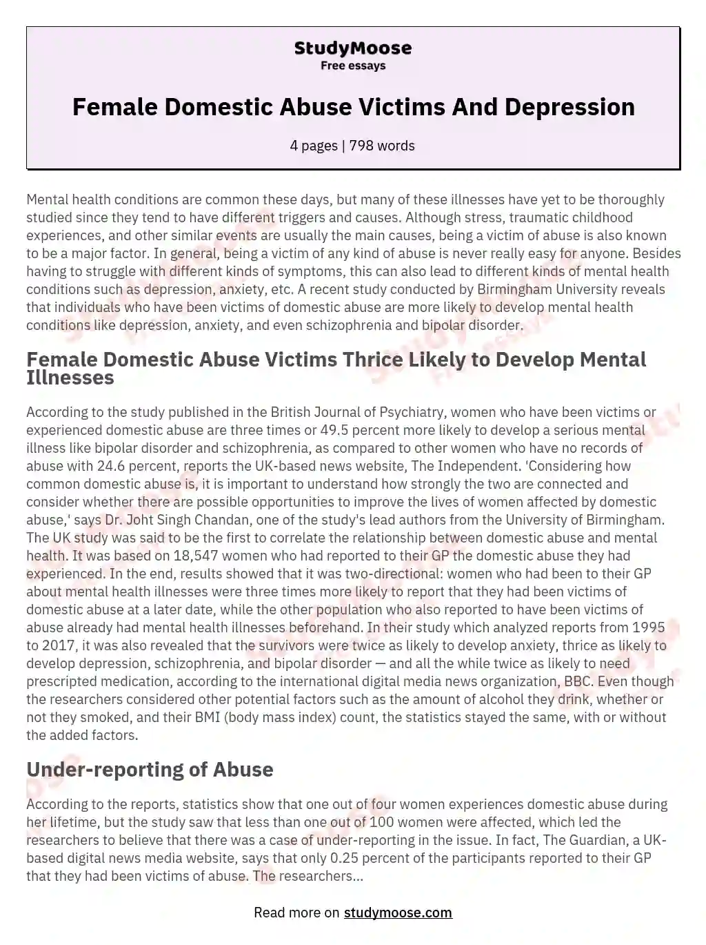 Female Domestic Abuse Victims And Depression essay