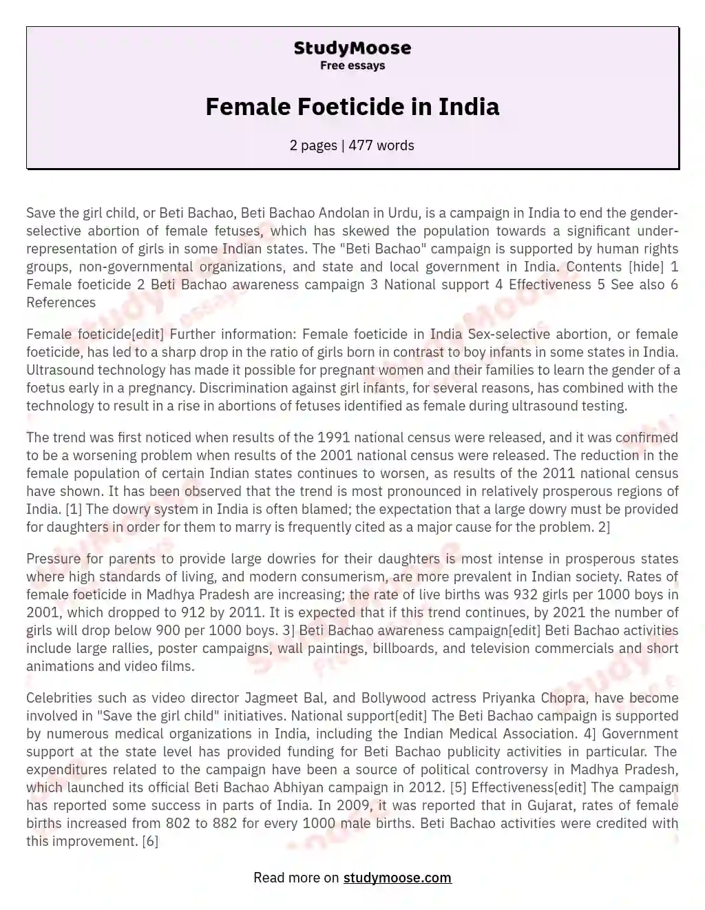 female foeticide essay in 100 words