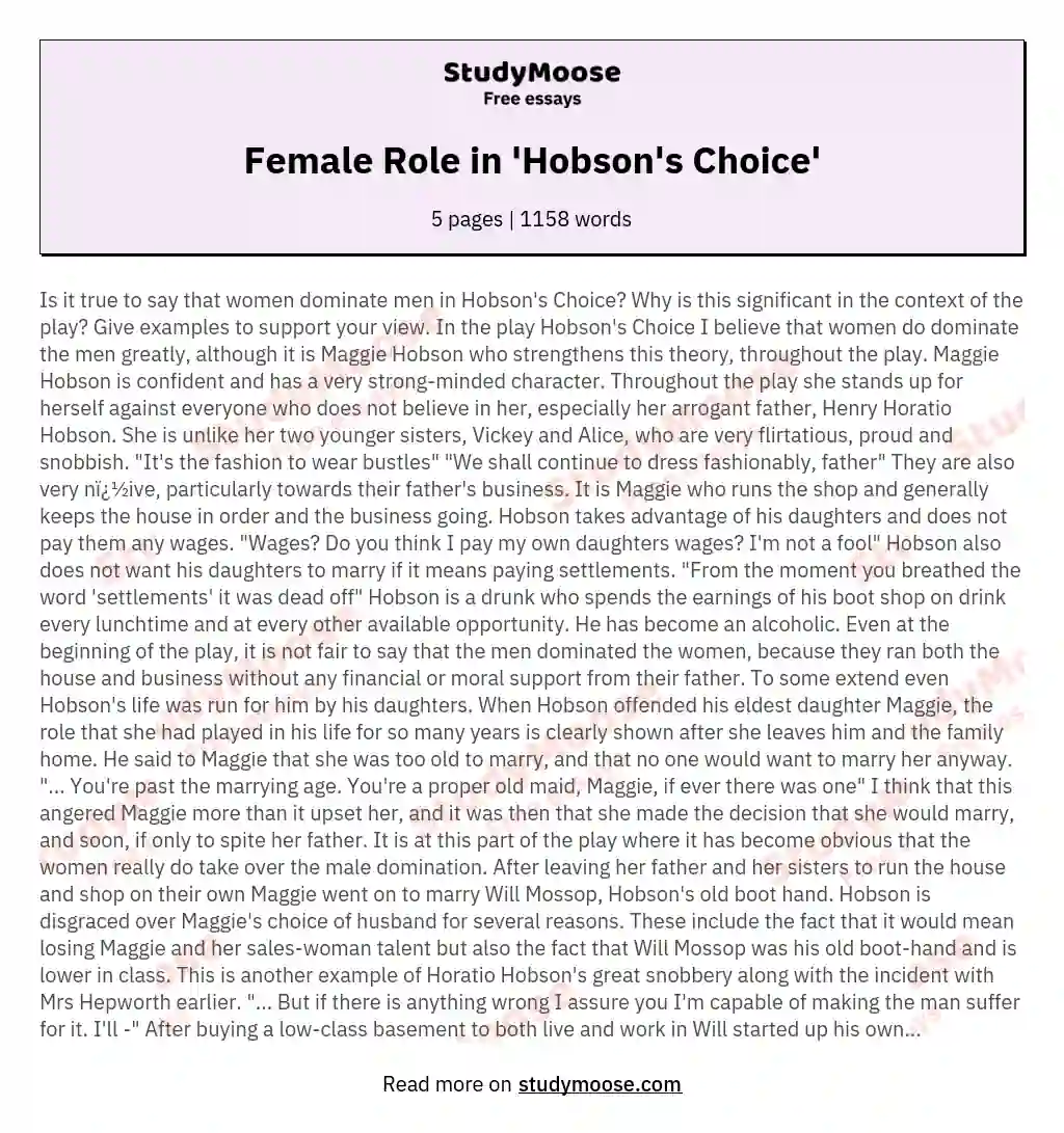 Female Role in 'Hobson's Choice' essay