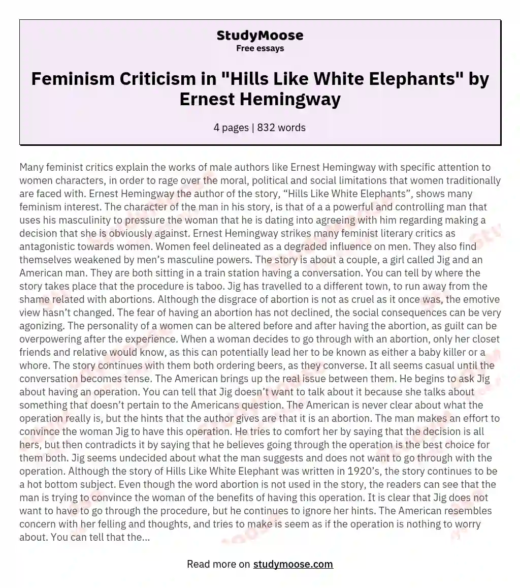 Feminism Criticism in "Hills Like White Elephants" by Ernest Hemingway essay