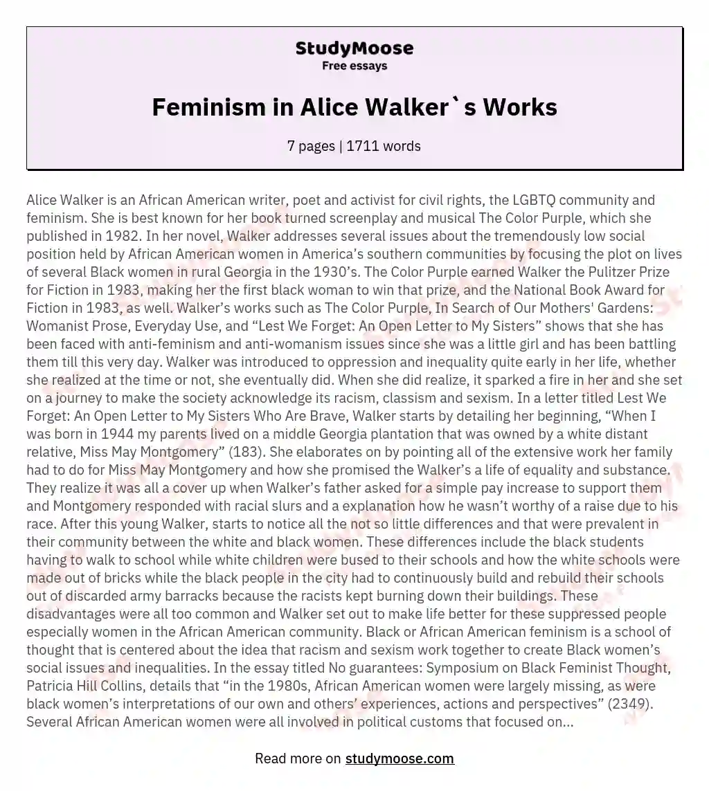 Feminism in Alice Walker`s Works essay