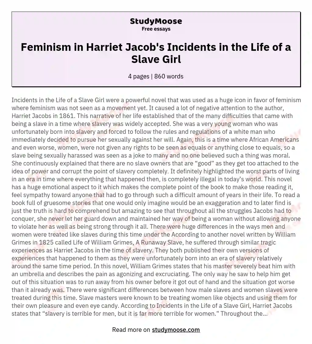 Feminism in Harriet Jacob's Incidents in the Life of a Slave Girl