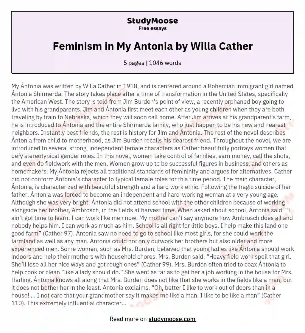 Feminism in My Antonia by Willa Cather essay