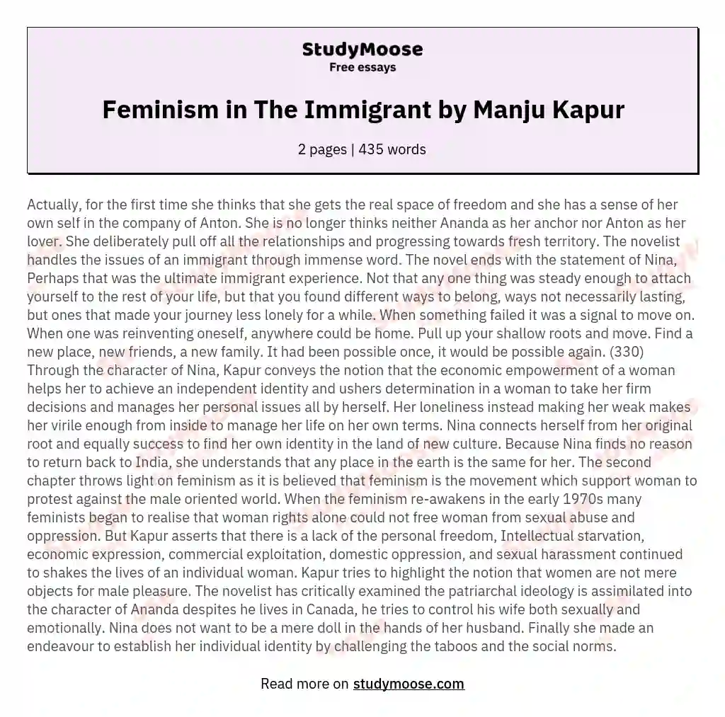 Feminism in The Immigrant by Manju Kapur essay