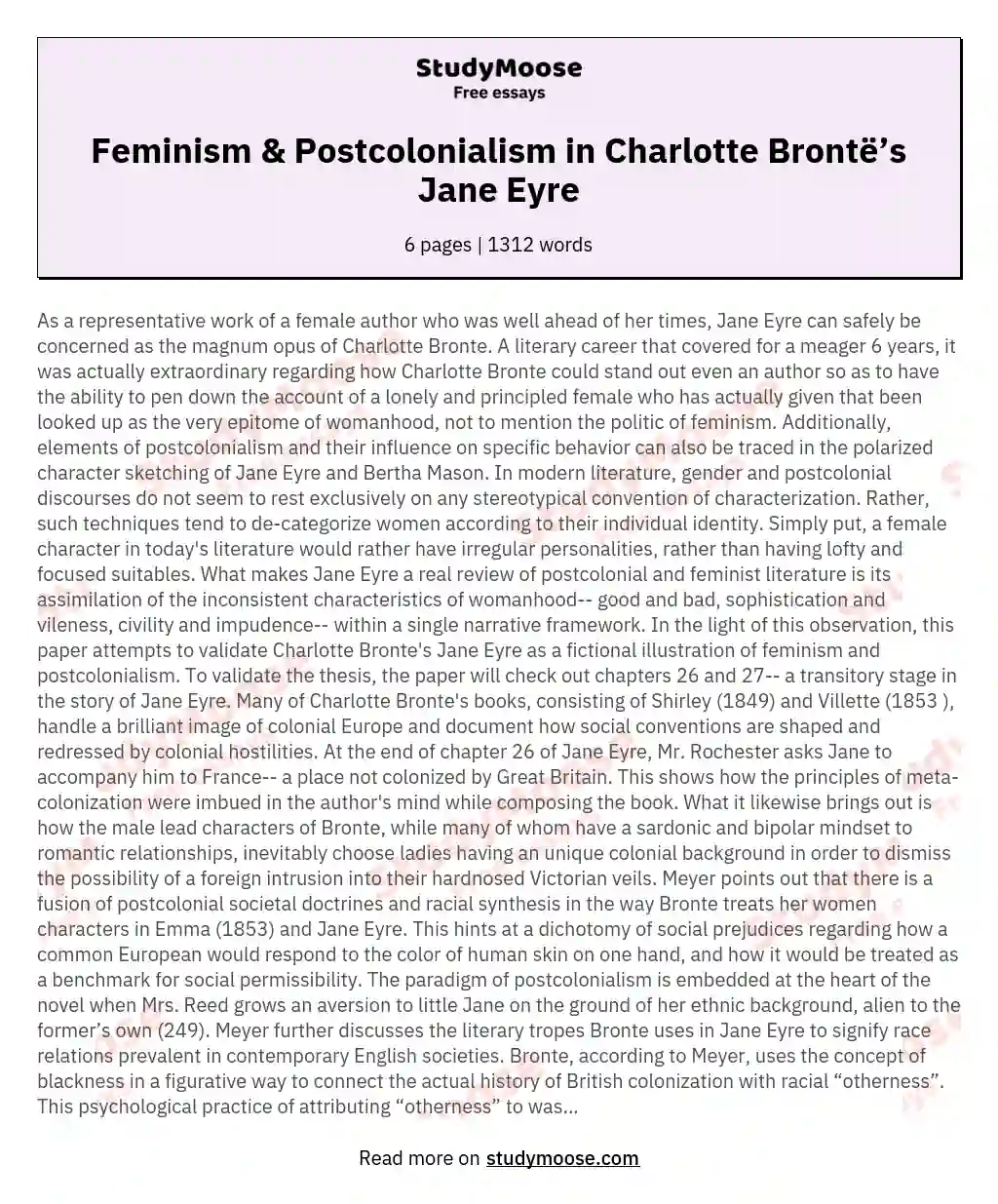 Feminism &amp; Postcolonialism in Charlotte Brontë’s Jane Eyre