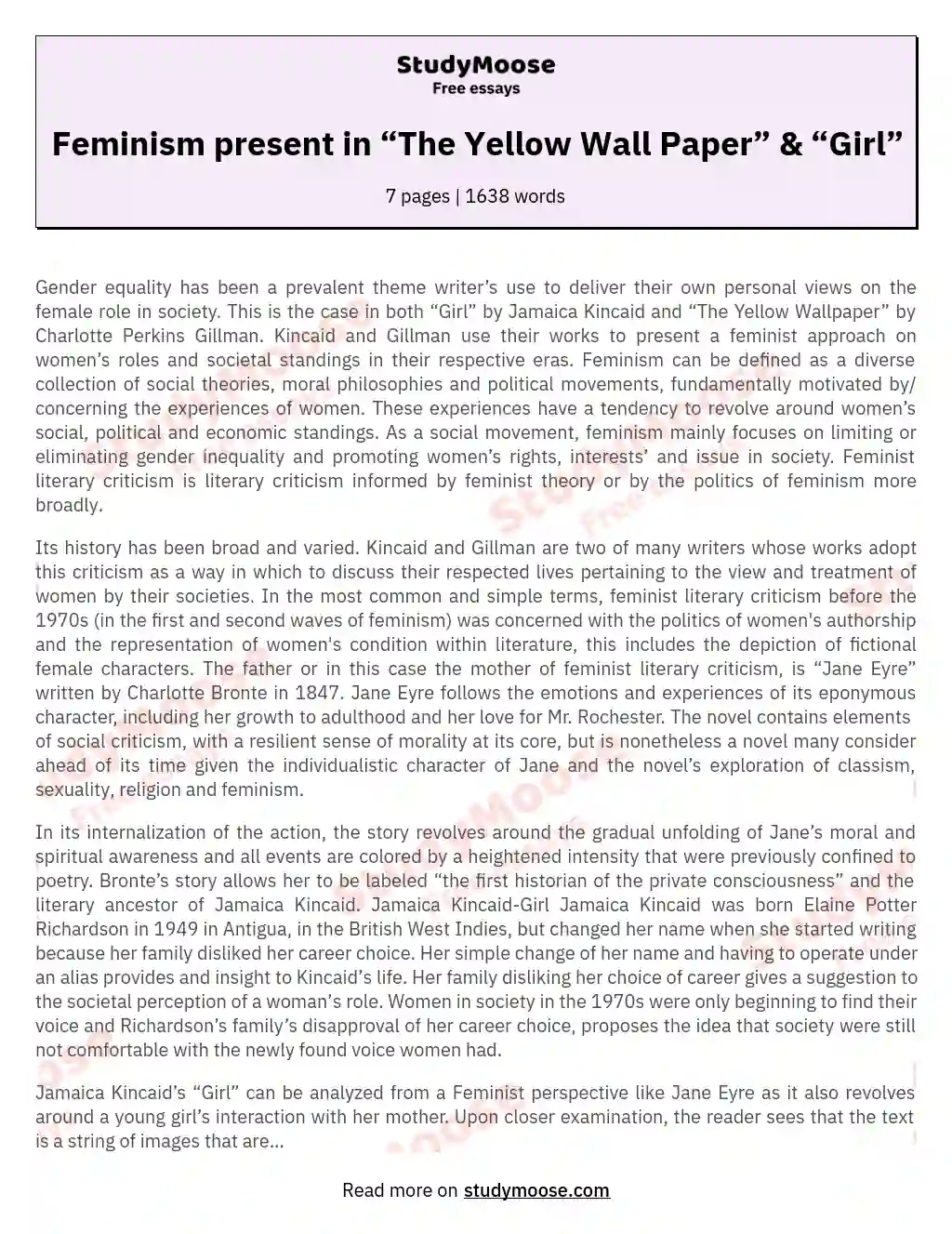 Feminism present in “The Yellow Wall Paper” & “Girl”