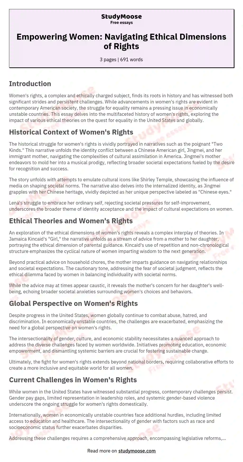 Empowering Women: Navigating Ethical Dimensions of Rights essay