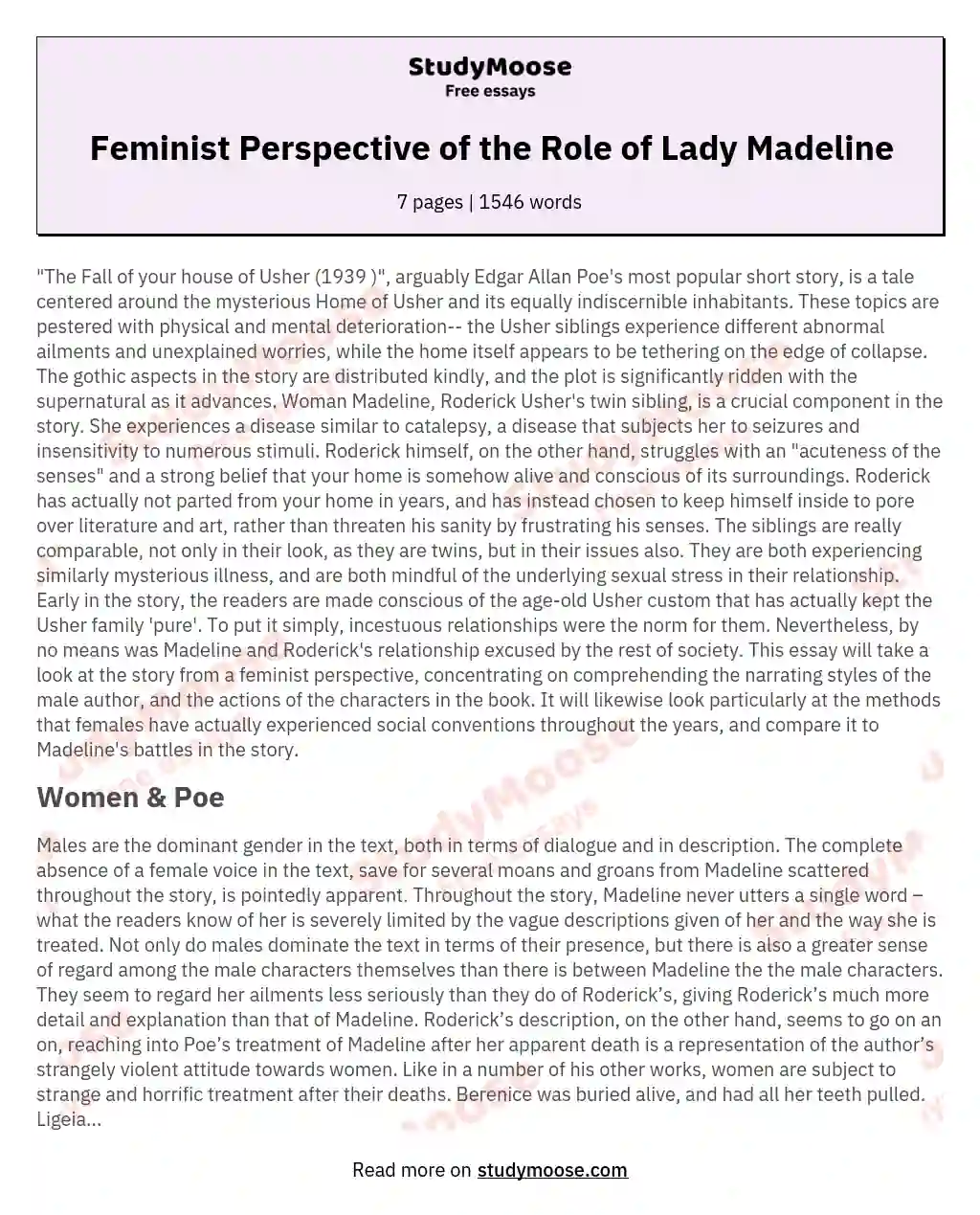 Feminist Perspective of the Role of Lady Madeline essay