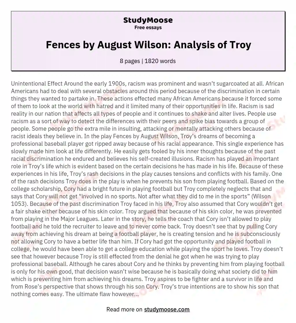 Fences by August Wilson: Analysis of Troy essay