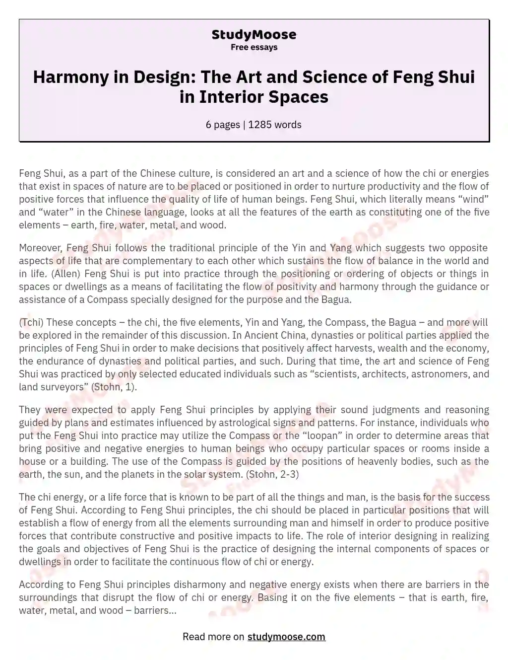 Harmony in Design: The Art and Science of Feng Shui in Interior Spaces essay