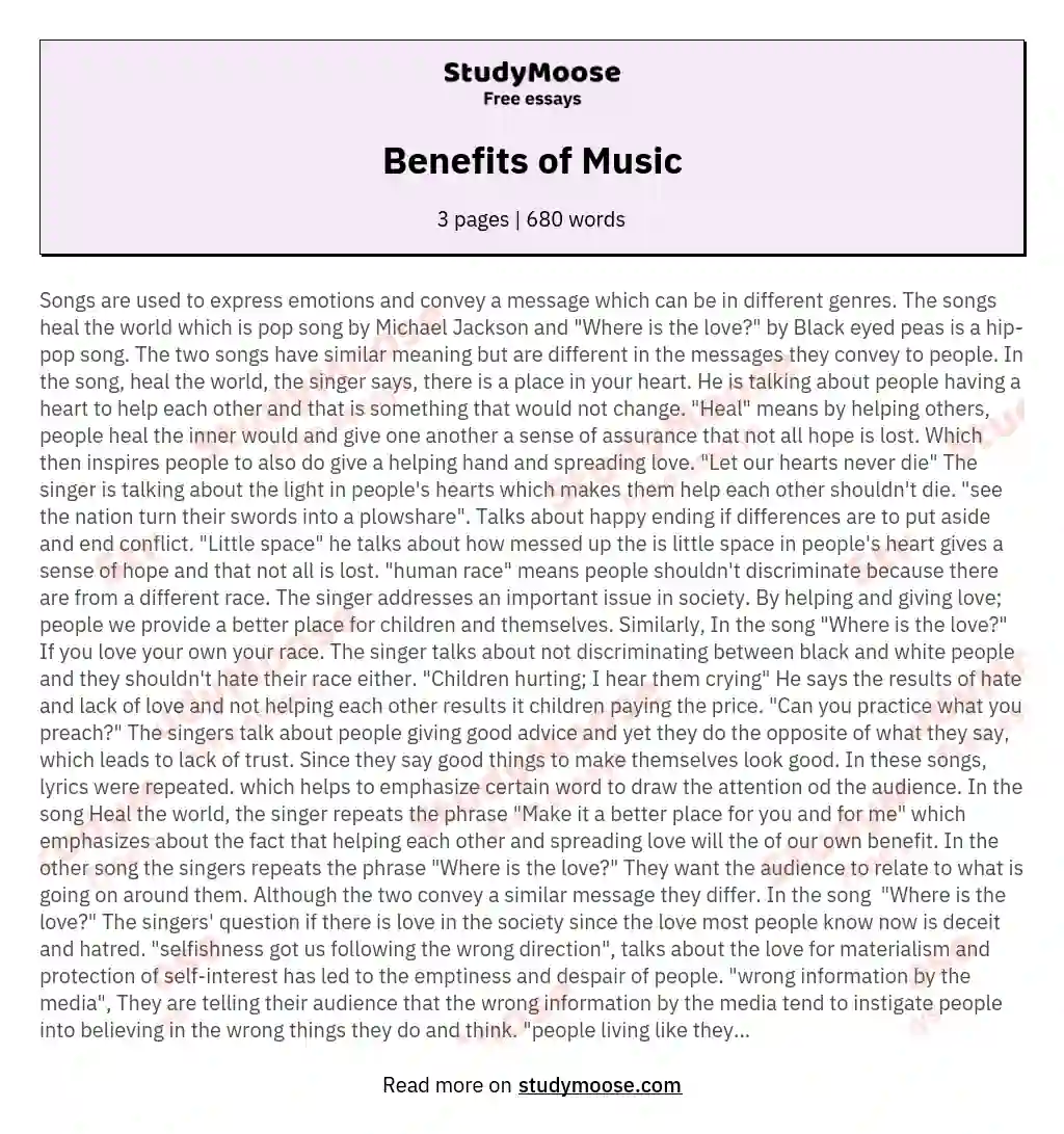 Benefits of Music essay