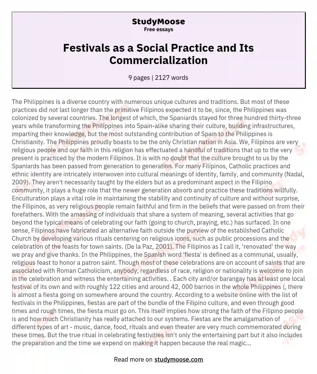 Festivals as a Social Practice and Its Commercialization essay