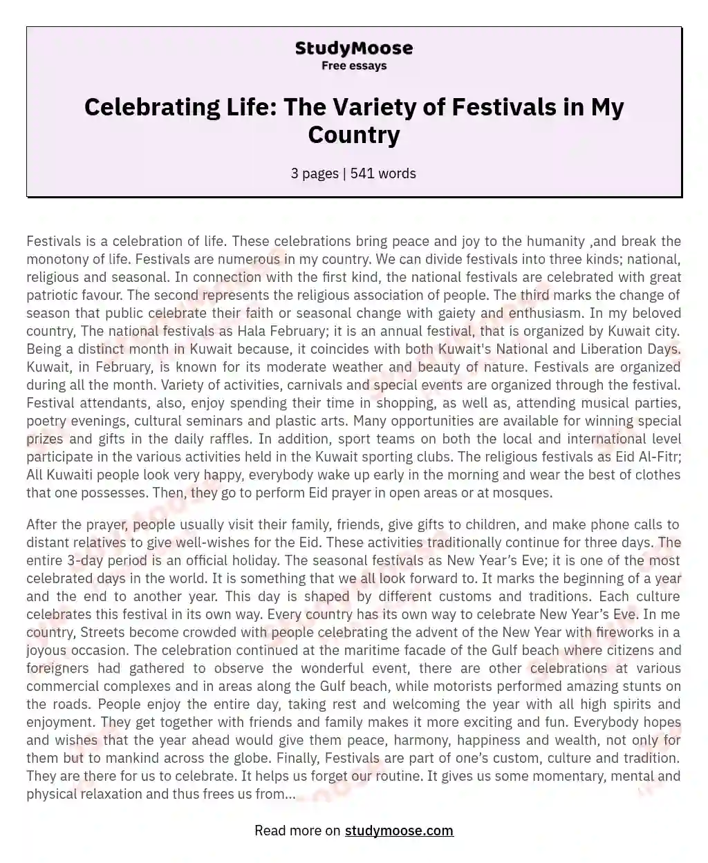 Celebrating Life: The Variety of Festivals in My Country essay