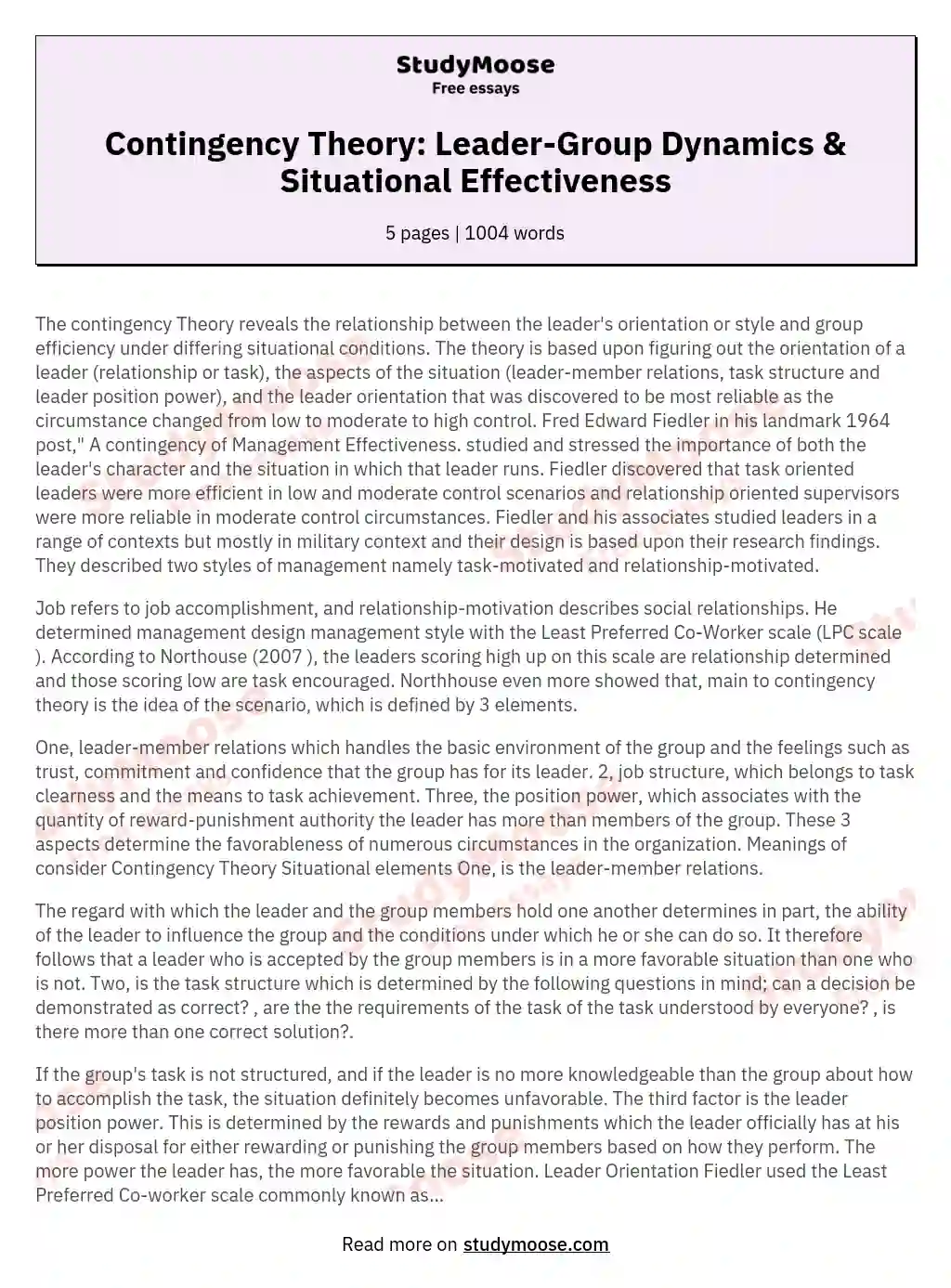 Contingency Theory: Leader-Group Dynamics & Situational Effectiveness essay