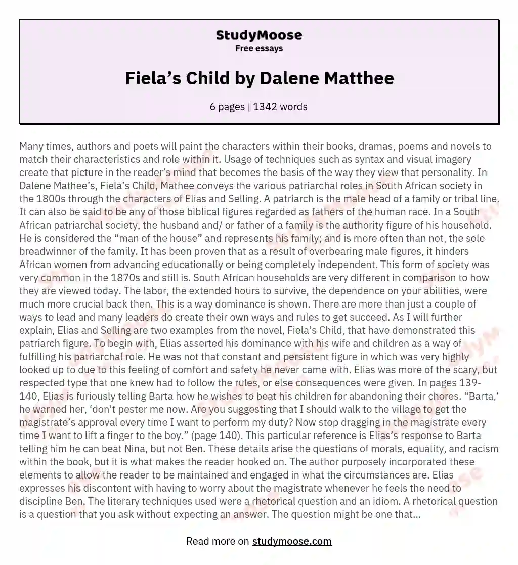 Fiela’s Child by Dalene Matthee essay