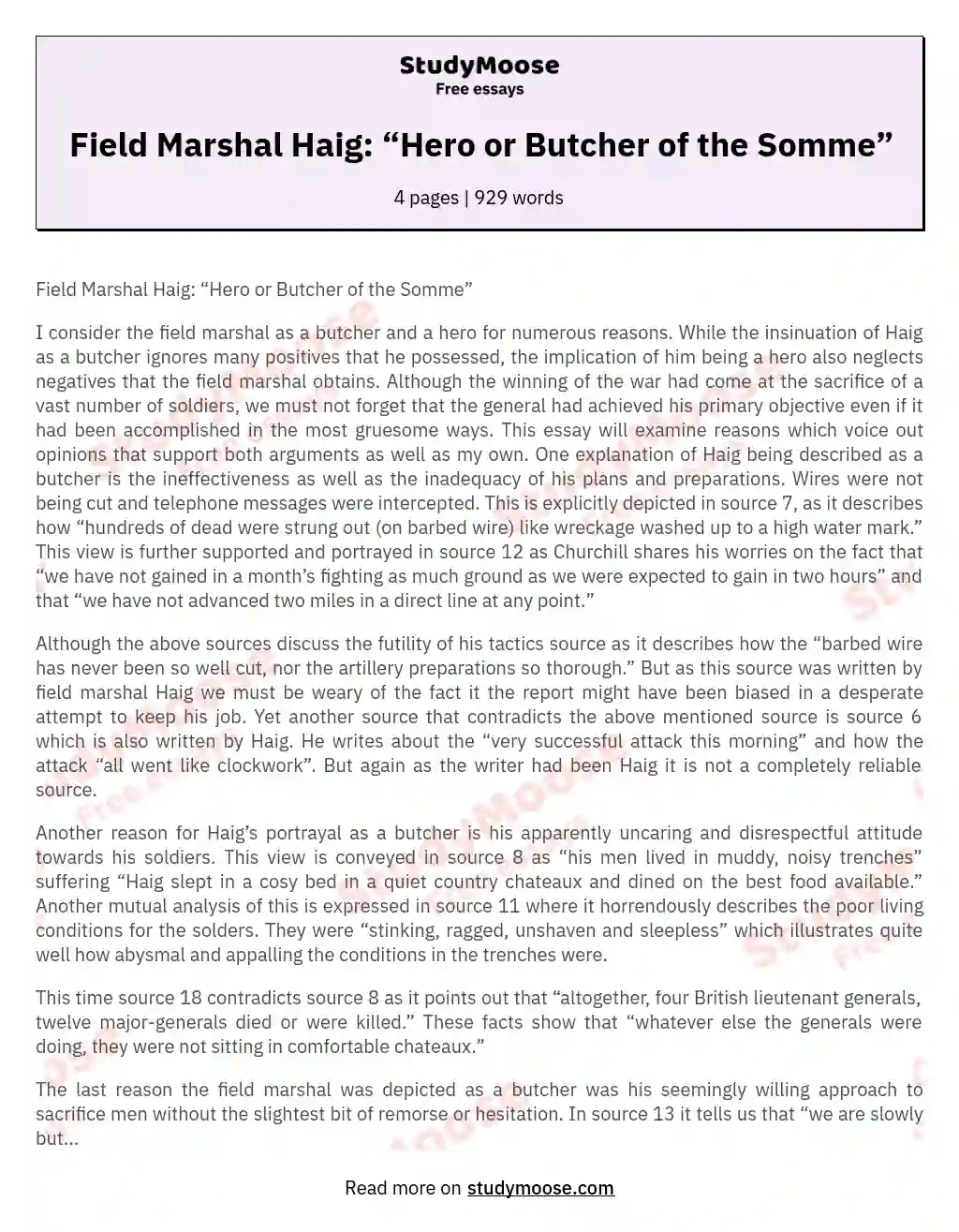 Field Marshal Haig: “Hero or Butcher of the Somme” essay