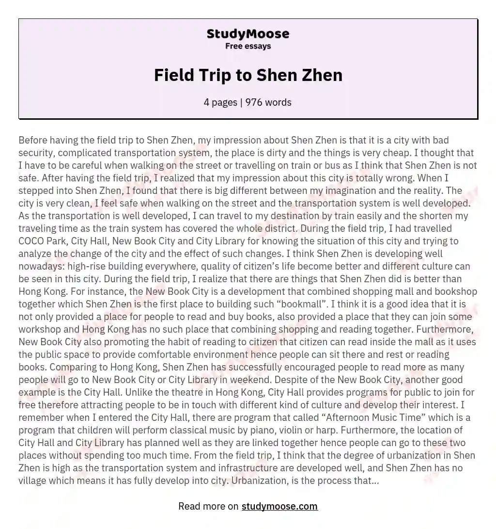 Field Trip to Shen Zhen essay