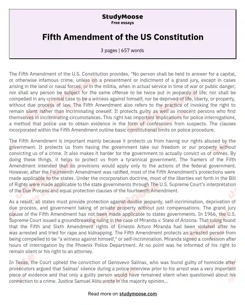 Fifth Amendment of the US Constitution essay