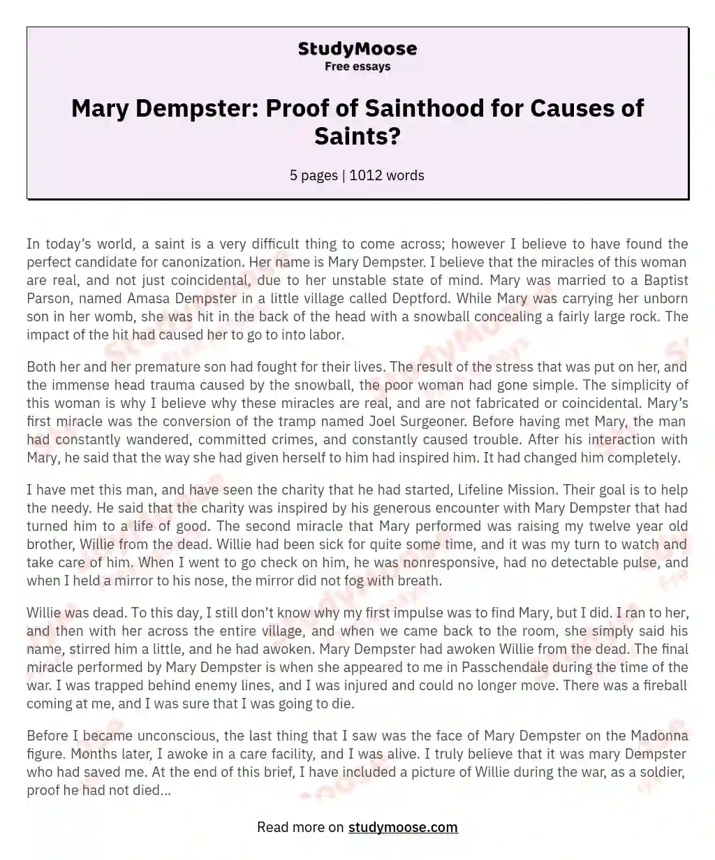 Mary Dempster: Proof of Sainthood for Causes of Saints? essay