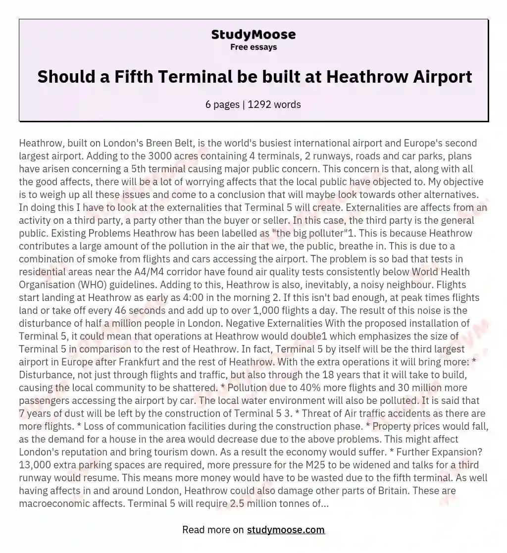 Should a Fifth Terminal be built at Heathrow Airport essay