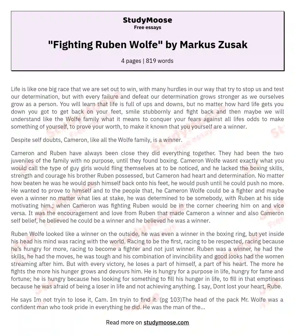 "Fighting Ruben Wolfe" by Markus Zusak essay
